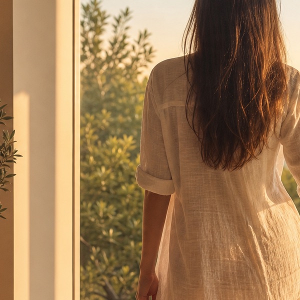Silhouette d'une jeune femme vue de dos devant une grande fenêtre, regardant un matin ensoleillé avec assurance