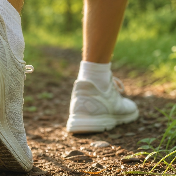 Des jambes en baskets claires en mouvement sur un sentier forestier au lever du jour