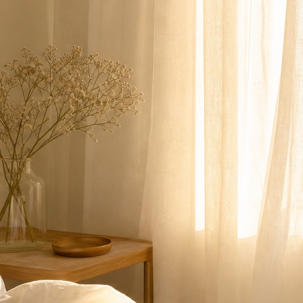 Lumière du matin à travers un voilage léger dans une chambre cosy avec du linge de lit blanc en lin