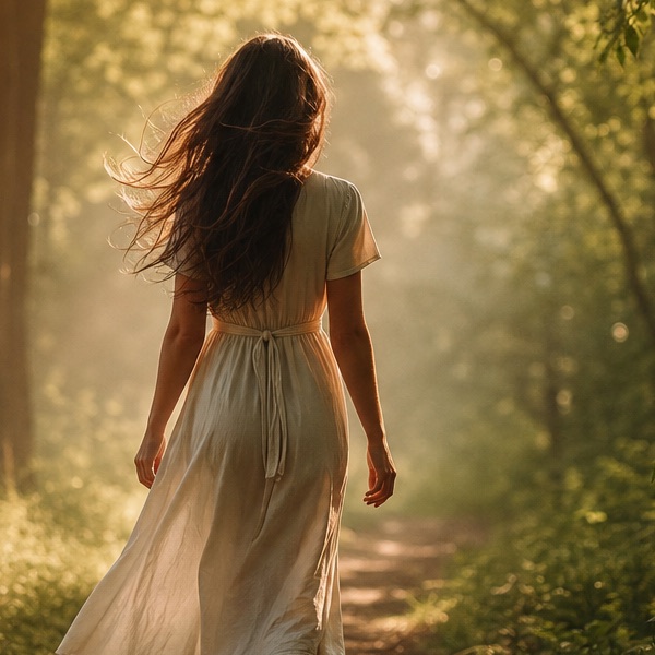 Silhouette d'une jeune femme vue de dos marchant sur un sentier forestier matinal dans une lumière dorée